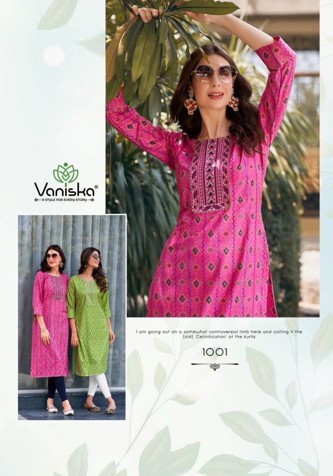 Charming Vol 1 By Vaniska Rayon Foil Printed Kurtis Wholesale Price In Surat